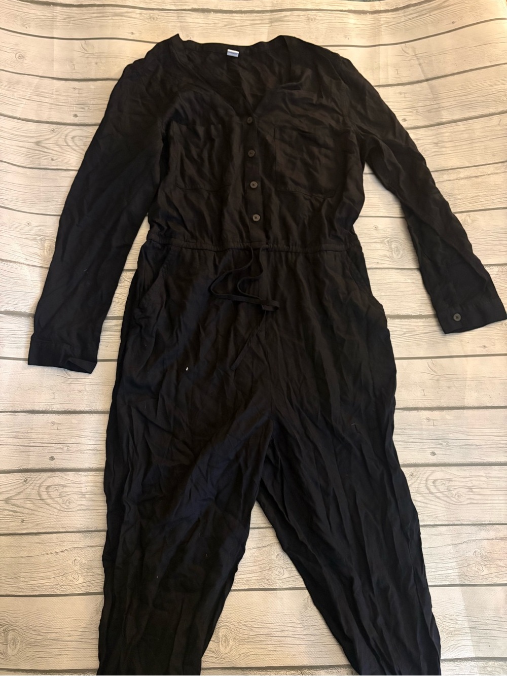Old Navy Black Button-Front Long-Sleeve Jumpsuit with Drawstring Waist